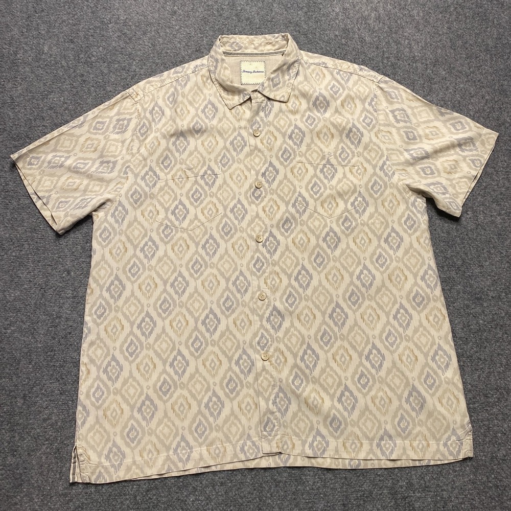 Tommy Bahama Shirt Mens XL Tan Grey Ikat Diamond Print 100% Silk Short Sleeve